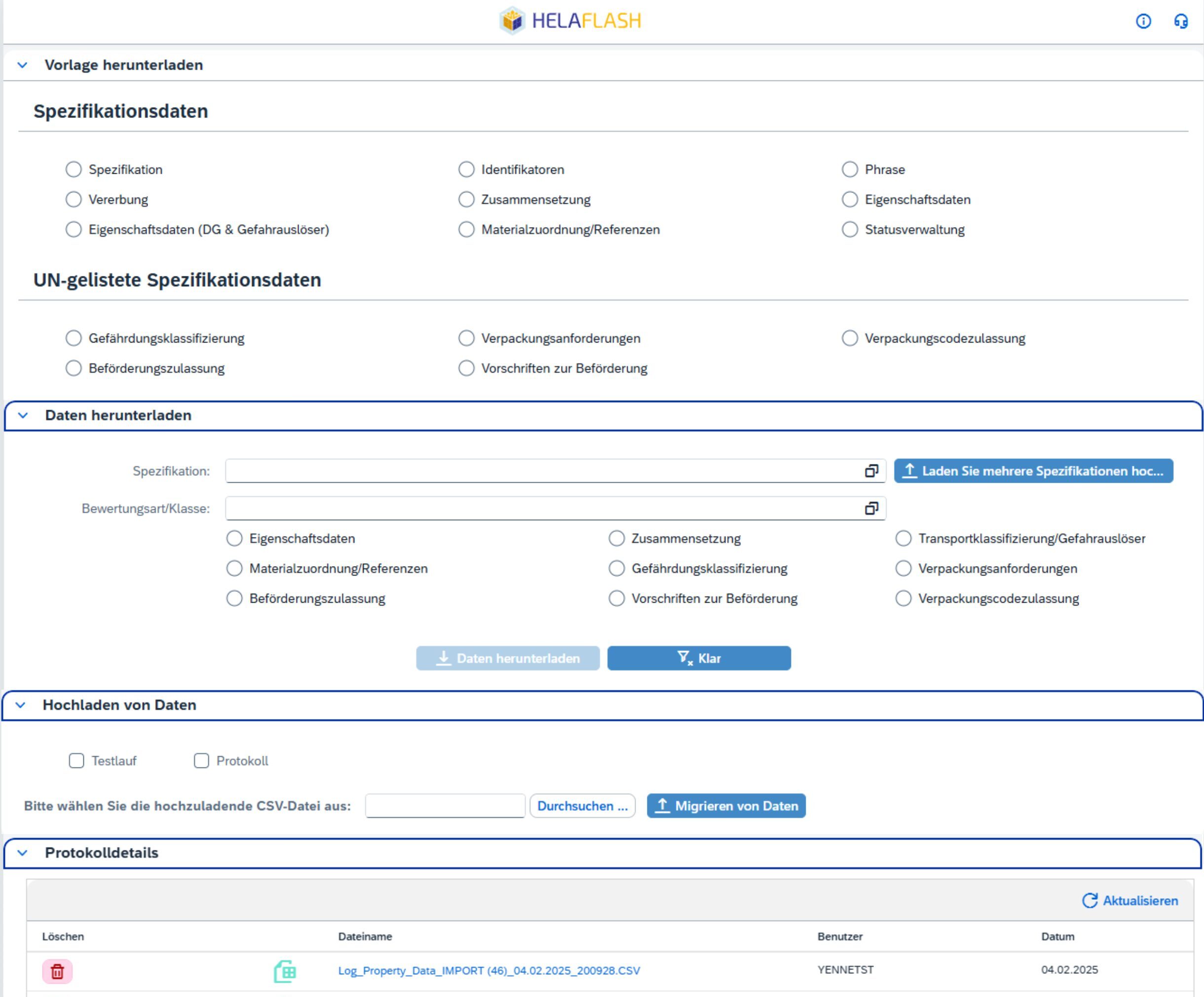 Benutzeroberfläche der HELAFLASH-Software zur EHS Datenmigration mit Auswahloptionen für Templates für chemische Spezifikationsdaten, Gefahrgutklassifizierung, Verpackungscodes und CSV-Upload-Funktion; inklusive Protokollübersicht abgeschlossener Datenimporte für effiziente Verwaltung von EHS-relevanten Informationen.